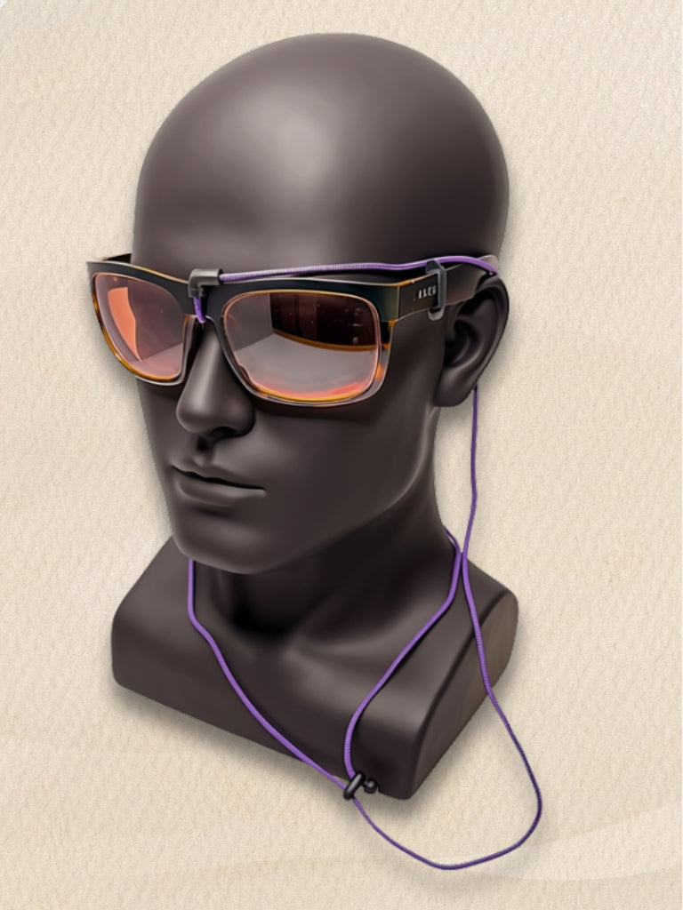 Black square sunglasses with orange-tinted lenses and a purple SpecTether, displayed on a matte black mannequin head.